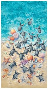 turtle race to safety to the ocean on the sea shore cotton fabric panel 1608 multi