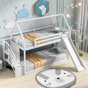 deyobed twin over twin wooden bunk bed with slide and storage staircase for kids adults