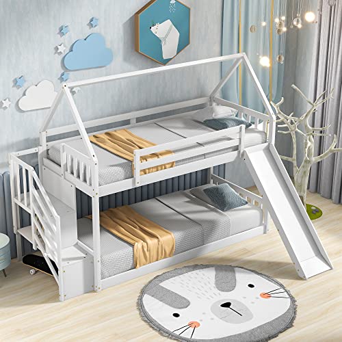 DEYOBED Twin Over Twin Wooden Bunk Bed with Slide and Storage Staircase for Kids Adults