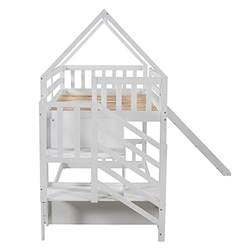 DEYOBED Twin Over Twin Wooden Bunk Bed with Slide and Storage Staircase for Kids Adults