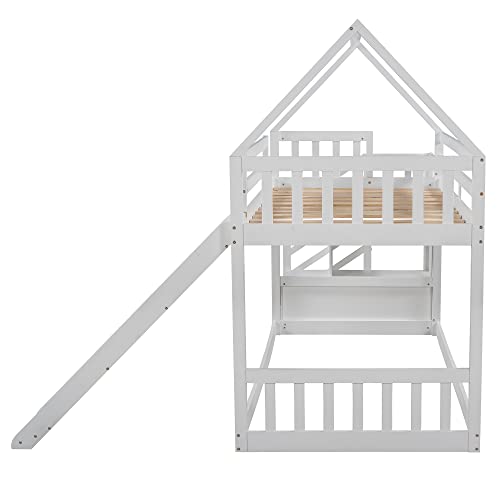 DEYOBED Twin Over Twin Wooden Bunk Bed with Slide and Storage Staircase for Kids Adults