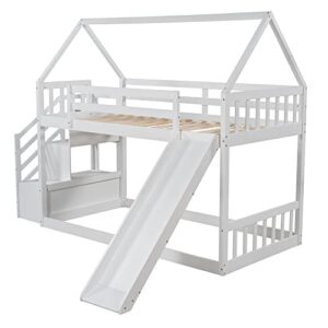 DEYOBED Twin Over Twin Wooden Bunk Bed with Slide and Storage Staircase for Kids Adults