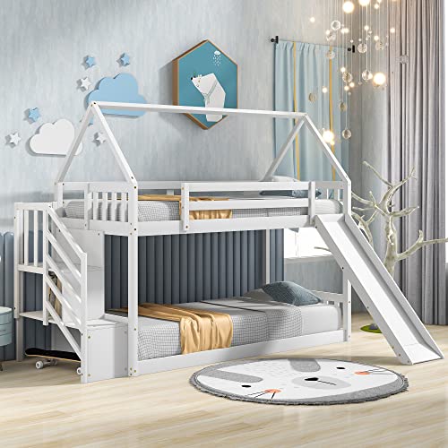 DEYOBED Twin Over Twin Wooden Bunk Bed with Slide and Storage Staircase for Kids Adults