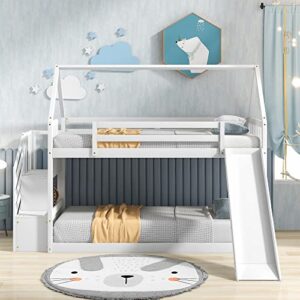 DEYOBED Twin Over Twin Wooden Bunk Bed with Slide and Storage Staircase for Kids Adults