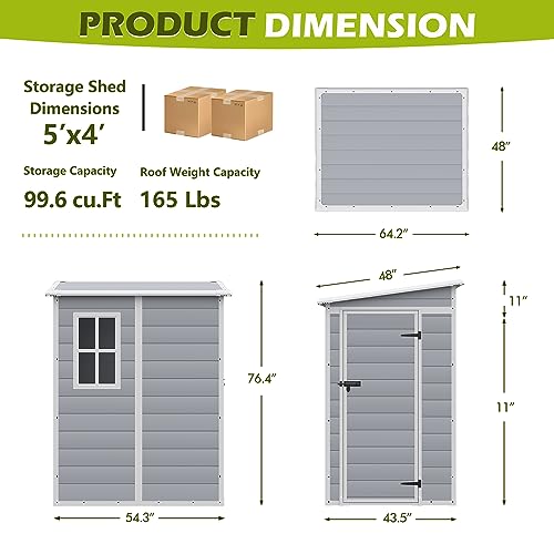 Homall Resin Outdoor Storage Shed, 5X 4 FT Garden Tool Sheds & Outdoor Storage House with Single Lockable Door for Backyard Garden Patio Lawn