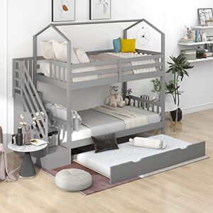 deyobed twin over twin wooden bunk bed with storage staircase for kids and teens