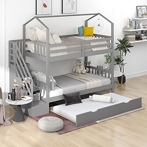 DEYOBED Twin Over Twin Wooden Bunk Bed with Storage Staircase for Kids and Teens