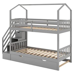 DEYOBED Twin Over Twin Wooden Bunk Bed with Storage Staircase for Kids and Teens