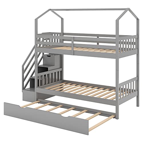 DEYOBED Twin Over Twin Wooden Bunk Bed with Storage Staircase for Kids and Teens