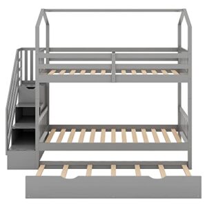 DEYOBED Twin Over Twin Wooden Bunk Bed with Storage Staircase for Kids and Teens