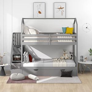 DEYOBED Twin Over Twin Wooden Bunk Bed with Storage Staircase for Kids and Teens