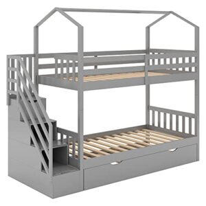 DEYOBED Twin Over Twin Wooden Bunk Bed with Storage Staircase for Kids and Teens