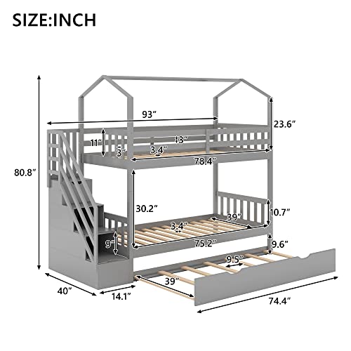 DEYOBED Twin Over Twin Wooden Bunk Bed with Storage Staircase for Kids and Teens