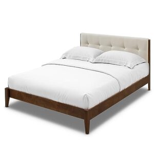 dg casa dickens mid century modern upholstered platform bed frame with button tufted headboard and full wooden slats, box spring not required - queen size in beige fabric