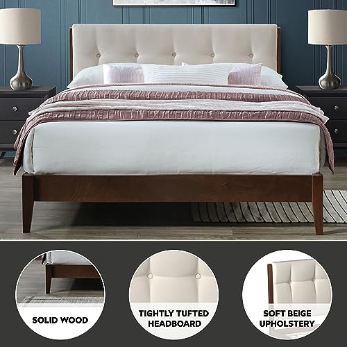 DG Casa Dickens Mid Century Modern Upholstered Platform Bed Frame with Button Tufted Headboard and Full Wooden Slats, Box Spring Not Required - Queen Size in Beige Fabric