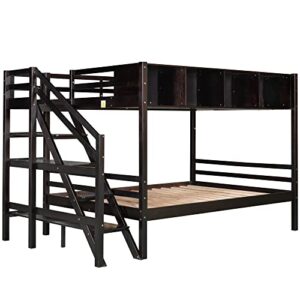 DEYOBED Twin Over Full Wooden Bunk Bed with Storage Staircase and Cabinets for Kids Teens