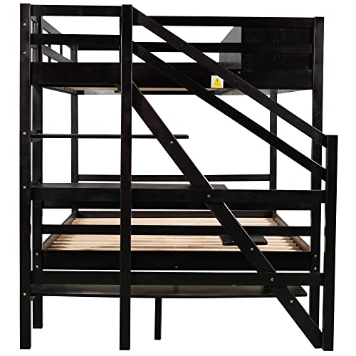 DEYOBED Twin Over Full Wooden Bunk Bed with Storage Staircase and Cabinets for Kids Teens