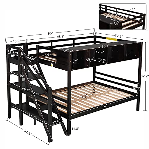 DEYOBED Twin Over Full Wooden Bunk Bed with Storage Staircase and Cabinets for Kids Teens