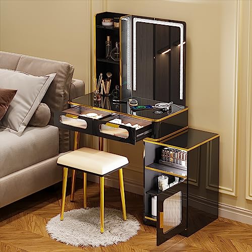 WOOVIVS Makeup Vanity with LED Lights, Vanity Desk with USB+Type-C+Wireless Charging Station, Small Vanity Set has Voice Control/2 Drawer/Stool, Vanity Mirror with Lights for Makeup Desk, Black Vanity