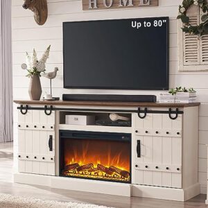 okd 70'' fireplace tv stand for 75+ 80 inch tv, farmhouse highboy entertainment center with 30" electric fireplace &sliding barn doors, rustic tall media console cabinet for living room, antique white