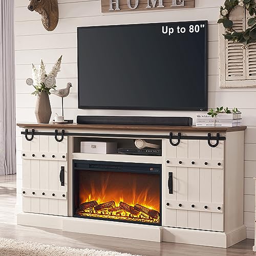 OKD 70'' Fireplace TV Stand for 75+ 80 Inch TV, Farmhouse Highboy Entertainment Center with 30" Electric Fireplace &Sliding Barn Doors, Rustic Tall Media Console Cabinet for Living Room, Antique White