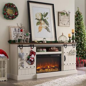 OKD 70'' Fireplace TV Stand for 75+ 80 Inch TV, Farmhouse Highboy Entertainment Center with 30" Electric Fireplace &Sliding Barn Doors, Rustic Tall Media Console Cabinet for Living Room, Antique White