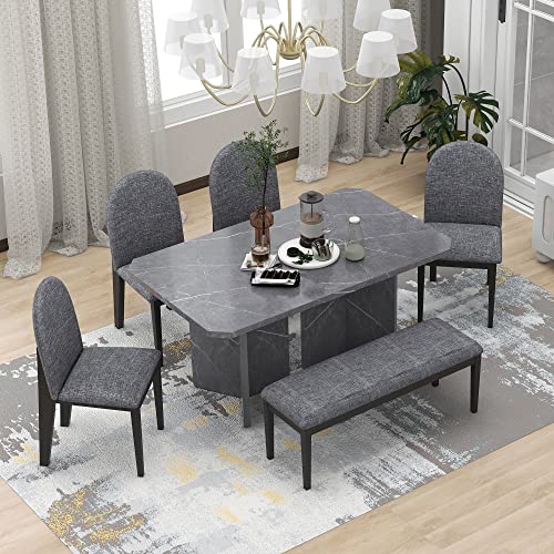 WOZNLA Room 6-Piece Modern Style Set-Faux Marble Table with 4 Upholstered Dining Chairs & 1 Bench-Contemporary White Design for Family Kitchen, Gray