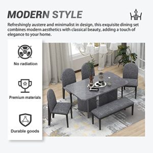 WOZNLA Room 6-Piece Modern Style Set-Faux Marble Table with 4 Upholstered Dining Chairs & 1 Bench-Contemporary White Design for Family Kitchen, Gray