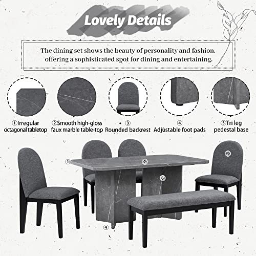 WOZNLA Room 6-Piece Modern Style Set-Faux Marble Table with 4 Upholstered Dining Chairs & 1 Bench-Contemporary White Design for Family Kitchen, Gray