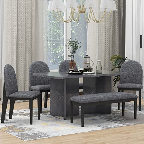 WOZNLA Room 6-Piece Modern Style Set-Faux Marble Table with 4 Upholstered Dining Chairs & 1 Bench-Contemporary White Design for Family Kitchen, Gray