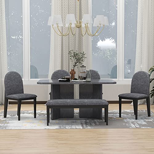 WOZNLA Room 6-Piece Modern Style Set-Faux Marble Table with 4 Upholstered Dining Chairs & 1 Bench-Contemporary White Design for Family Kitchen, Gray