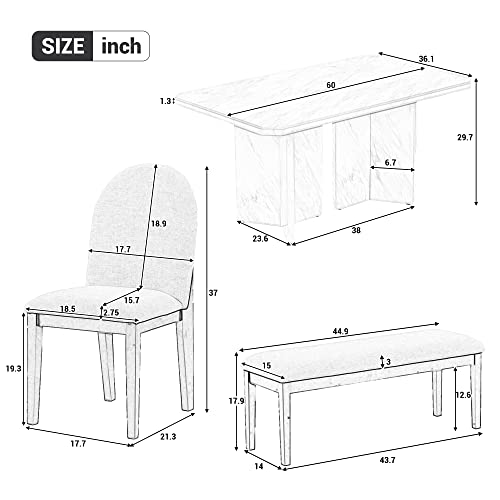 WOZNLA Room 6-Piece Modern Style Set-Faux Marble Table with 4 Upholstered Dining Chairs & 1 Bench-Contemporary White Design for Family Kitchen, Gray