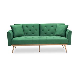 eafurn button tufted futon bed, modern convertible loveseat, comfy upholstered folding sofa & couches with armrest for apartment, compact sofabed, green velvet 68.3" w/wood trim