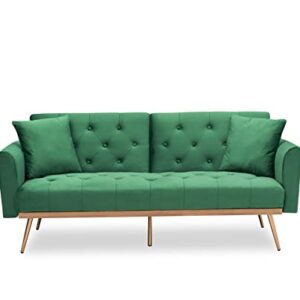 Eafurn Button Tufted Futon Bed, Modern Convertible Loveseat, Comfy Upholstered Folding Sofa & Couches with Armrest for Apartment, Compact Sofabed, Green Velvet 68.3" w/Wood Trim