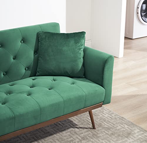 Eafurn Button Tufted Futon Bed, Modern Convertible Loveseat, Comfy Upholstered Folding Sofa & Couches with Armrest for Apartment, Compact Sofabed, Green Velvet 68.3" w/Wood Trim