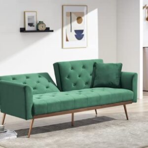 Eafurn Button Tufted Futon Bed, Modern Convertible Loveseat, Comfy Upholstered Folding Sofa & Couches with Armrest for Apartment, Compact Sofabed, Green Velvet 68.3" w/Wood Trim