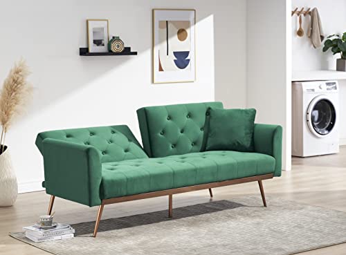 Eafurn Button Tufted Futon Bed, Modern Convertible Loveseat, Comfy Upholstered Folding Sofa & Couches with Armrest for Apartment, Compact Sofabed, Green Velvet 68.3" w/Wood Trim