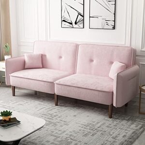 eafurn button tufted futon bed, modern convertible loveseat, comfy upholstered folding sofa & couches with armrest for apartment, compact sofabed, pink cotton 75" w/wooden legs