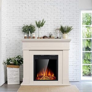 Xbeauty 44" Electric Fireplace with Mantel Package Freestanding Fireplace Heater Corner Firebox with Log & Remote Control,750-1500W,(White)