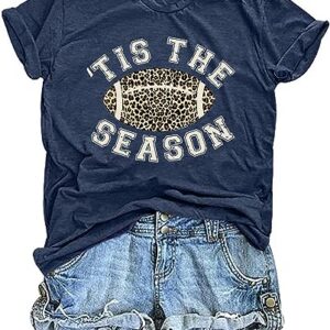 Football Shirts for Women Tis The Season Football Shirt Game Day T Shirt Causal Football Graphic Tee Tops (Blue, Large)