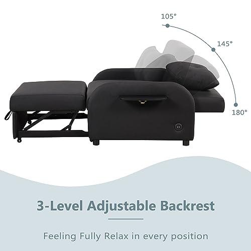 3-in-1 Pull Out Sleeper Couch Bed Adjustable Backrest Single Recliner for Lounge, and USB Charge for nap line Fabric for Lounge, Reading, Sleeping, Black