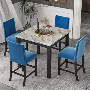 woznla room 5-piece counter height dining set, square faux marble table with 4 comfortable upholstered chairs, small family kitchen gathering, blue