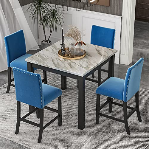 WOZNLA Room 5-Piece Counter Height Dining Set, Square Faux Marble Table with 4 Comfortable Upholstered Chairs, Small Family Kitchen Gathering, Blue