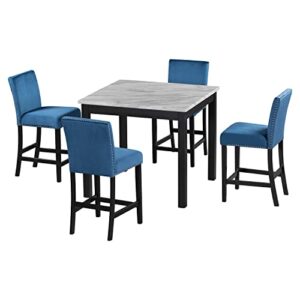 WOZNLA Room 5-Piece Counter Height Dining Set, Square Faux Marble Table with 4 Comfortable Upholstered Chairs, Small Family Kitchen Gathering, Blue