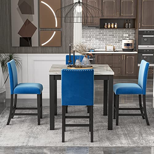 WOZNLA Room 5-Piece Counter Height Dining Set, Square Faux Marble Table with 4 Comfortable Upholstered Chairs, Small Family Kitchen Gathering, Blue