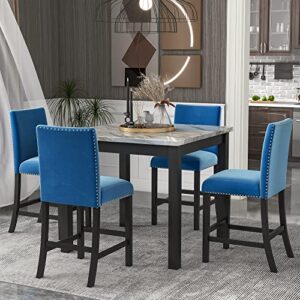 WOZNLA Room 5-Piece Counter Height Dining Set, Square Faux Marble Table with 4 Comfortable Upholstered Chairs, Small Family Kitchen Gathering, Blue