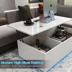 Rigel Coffee Table, High Gloss Minimalist Modern Design LED Coffee Table, 2-Tier Rectangle Coffee Table with Plug-in 16-Color LED Lights for Living Room