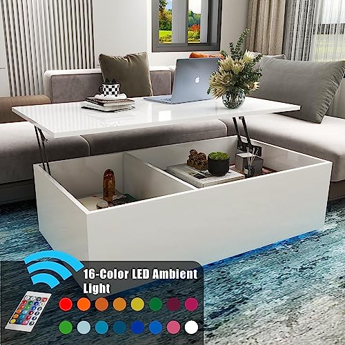 Rigel Coffee Table, High Gloss Minimalist Modern Design LED Coffee Table, 2-Tier Rectangle Coffee Table with Plug-in 16-Color LED Lights for Living Room