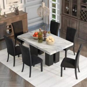 woznla 7-piece table set, faux marble tabletop and 6 upholstered chairs, enhance your dining room ambiance, black