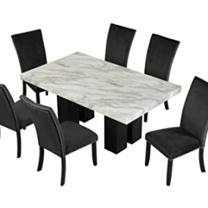 WOZNLA 7-Piece Table Set, Faux Marble Tabletop and 6 Upholstered Chairs, Enhance Your Dining Room Ambiance, Black